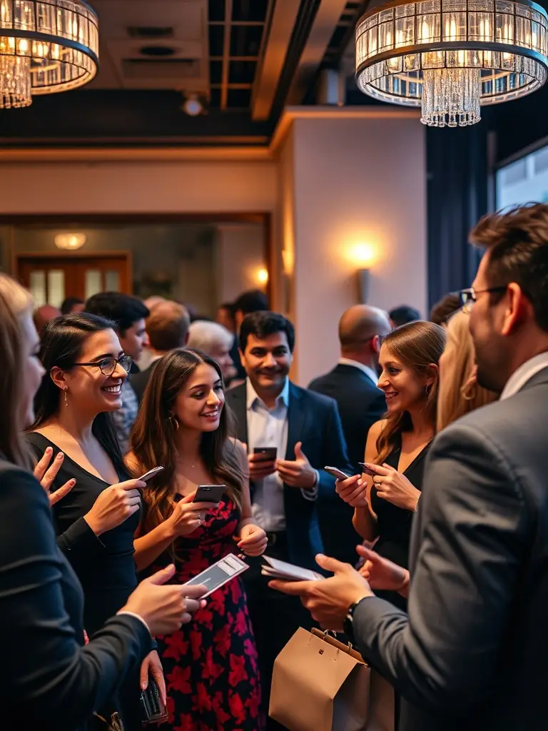 A photograph of a networking event in Toronto, Canada, with professionals exchanging business cards and engaging in conversation. The image should highlight the networking opportunities at the conference.