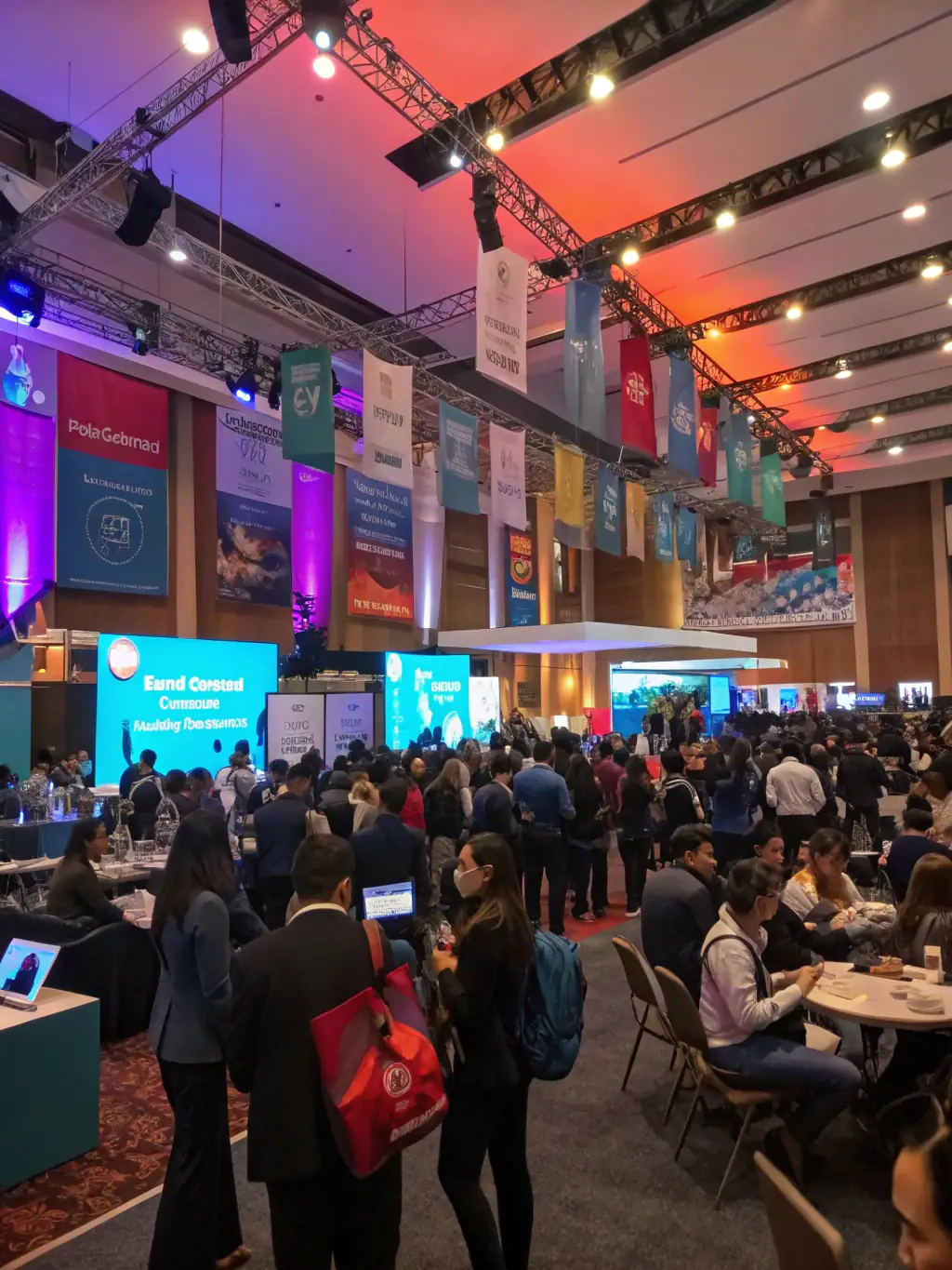 A photograph of a modern conference hall in Vancouver, Canada, set up for a leadership summit, with attendees networking during a coffee break. The image should convey a sense of professionalism and engagement.