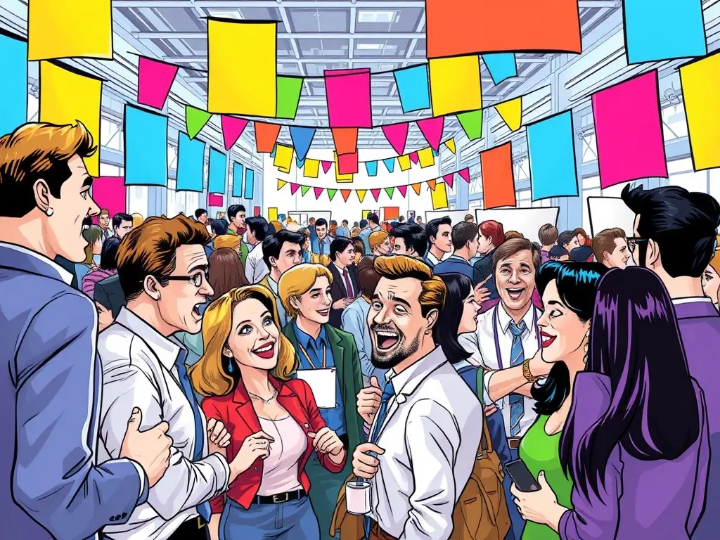 A vibrant image showcasing a networking session at a Swathgate conference, with professionals actively engaging in discussions and exchanging business cards.