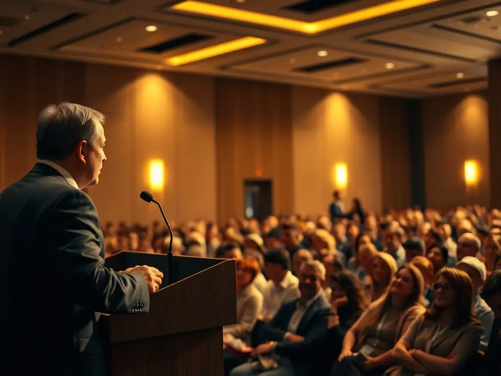 A dynamic photograph capturing a keynote speaker passionately addressing a large audience at a Swathgate business conference, emphasizing engagement and thought leadership.