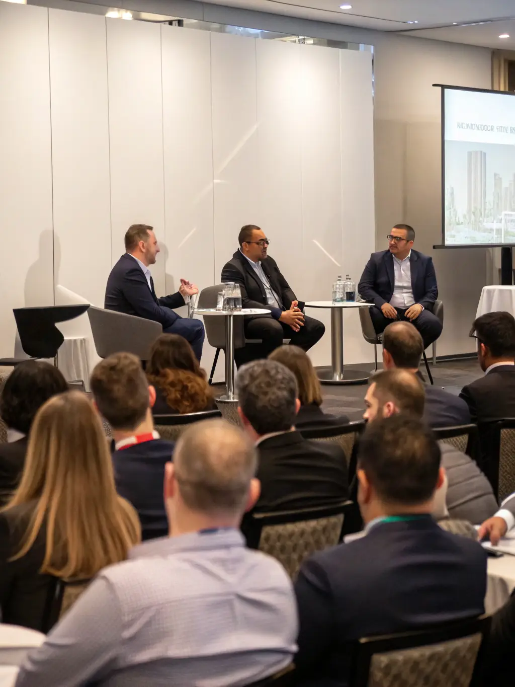 A photograph of a panel discussion at the 2022 Networking Expo in Montreal, Canada, with the city's skyline visible in the background.