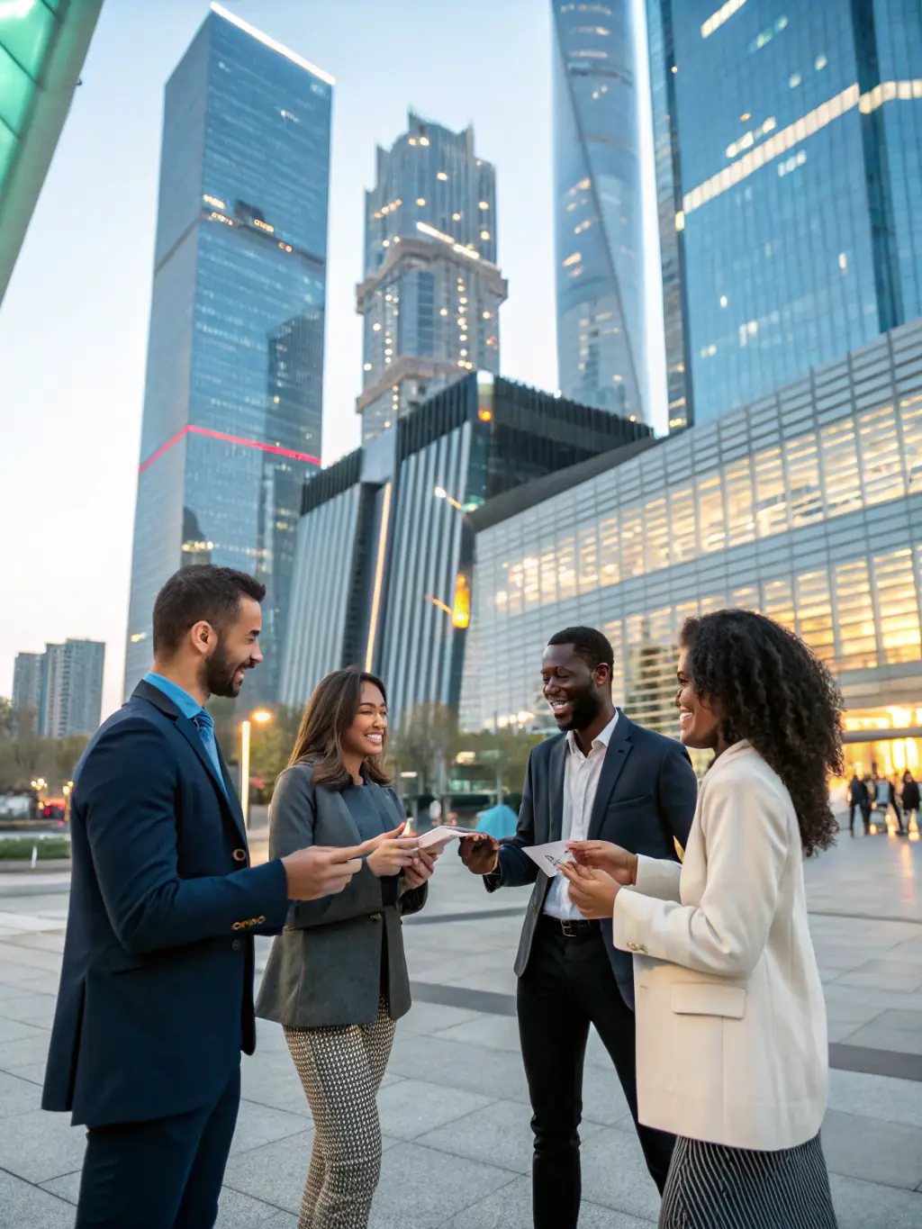 A photograph of attendees networking at the 2024 Leadership Summit in Toronto, Canada, with the CN Tower visible in the background.